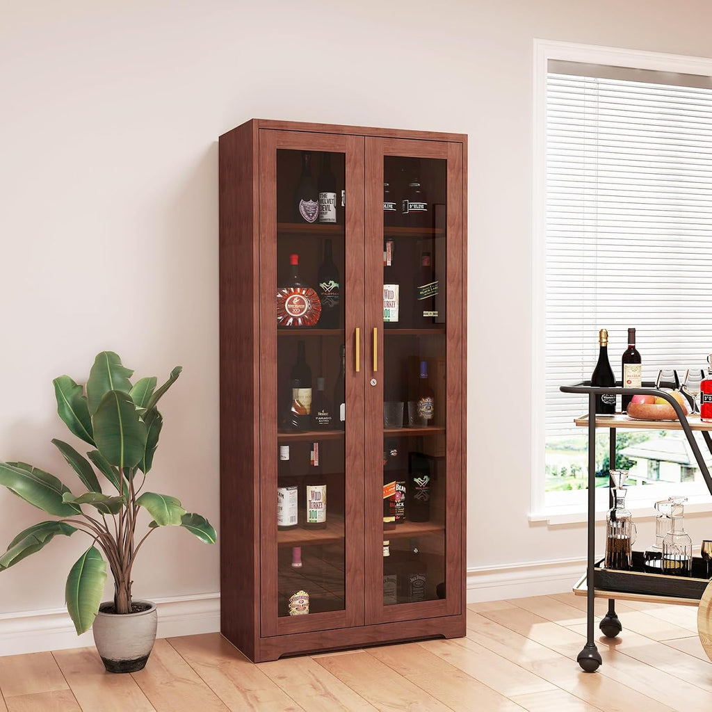 71' Display Cabinet, Metal Kitchen Storage Cabinet, Curio Display Case with Glass Doors and 4 Adjustable Shelves, Locking Cabinets for Kitchen, Hallway, Living Room, Wood Color -Assembly Required
