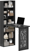 HOMCOM Foldable Convertible Writing Table, Wall Mounted Space-Saving Computer Desk with Chalkboard and Storage Shelves for Small Spaces, Home Office, Bedroom, Dorm, Apartment, Black