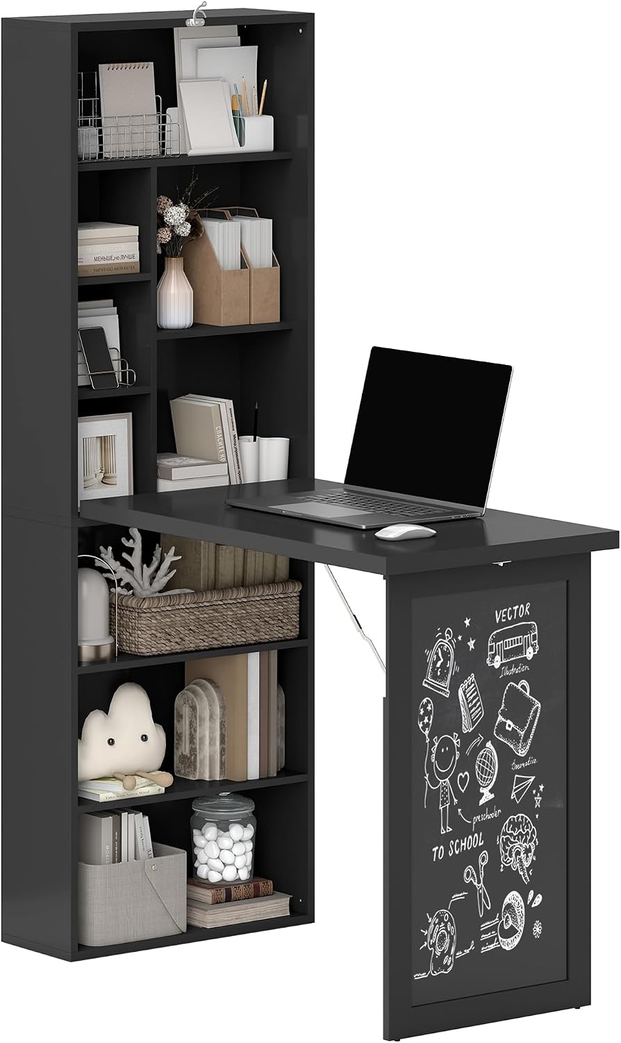 HOMCOM Foldable Convertible Writing Table, Wall Mounted Space-Saving Computer Desk with Chalkboard and Storage Shelves for Small Spaces, Home Office, Bedroom, Dorm, Apartment, Black