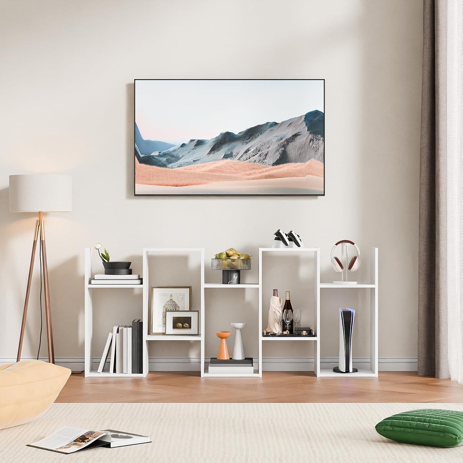 Cozy Castle Set of 2 Geometric Bookcase, S-Shaped Modern Bookshelf, Room Divider Bookshelf, 62' Tall Unique Abstract Bookcase with 5-Tier Display Shelf for Living Room Office, White