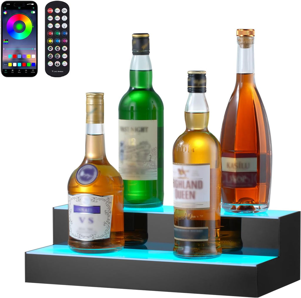VEVOR LED Lighted Liquor Bottle Display, 2 Tiers 16 Inch Commercial Illuminated Home Bar Shelf, 2 Steps Whiskey Rack Stand, Acrylic Drink Shelves with RF Remote & App Control, and Multicolor Light