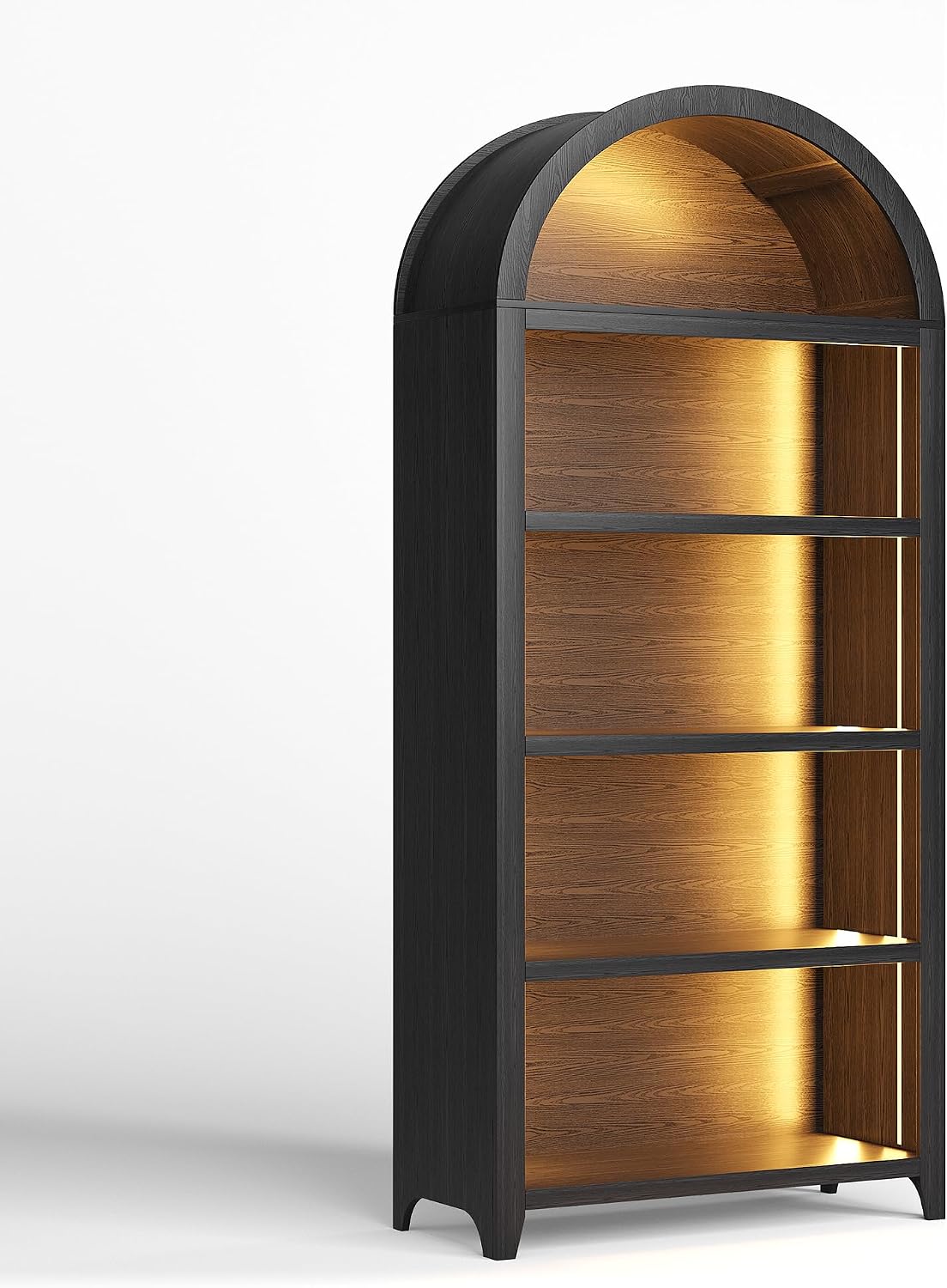 Arch Bookcase - 5 Tiers Bookshelf with 3 Colors LED Sensor Lights and Thickened Wooden Design Display Shelf for Lego Books Bathroom Living Room - Ideal Gift (Black)