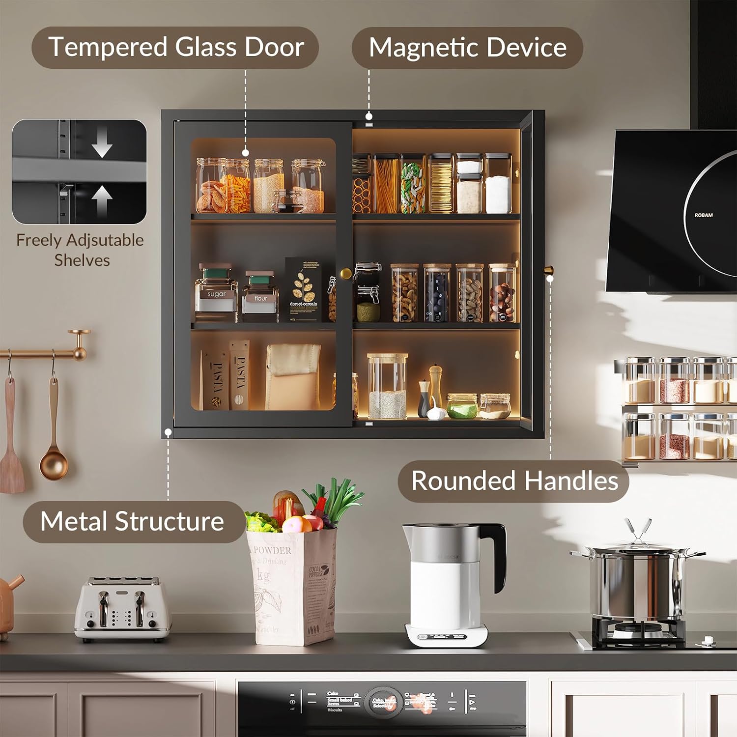 Bathroom Wall Cabinet with 13-Color Light, Wall Mounted 3-Sided Glass Display Cabinet with Adjustable Shelves, Floating Metal Medicine Storage Cabinet for Kitchen Living Room, Black