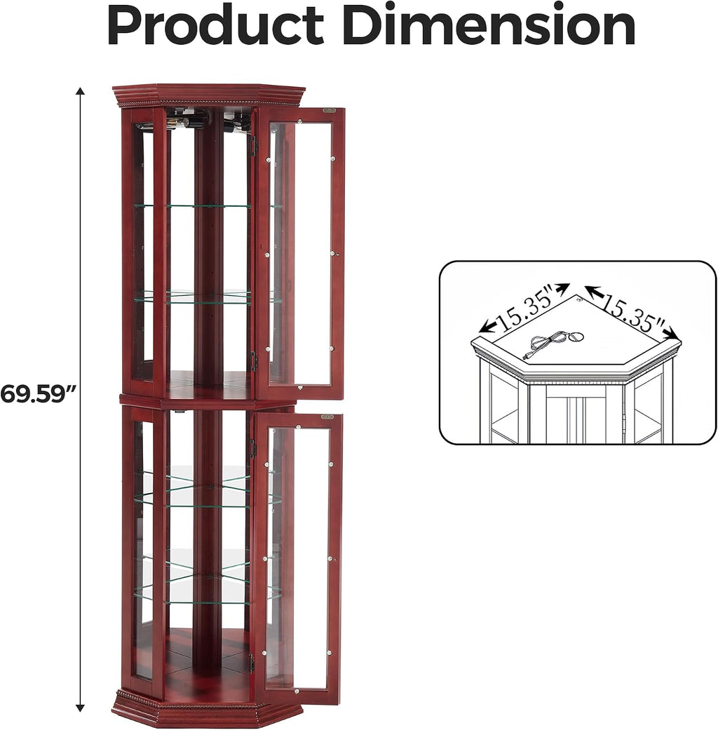 70' H Lighted Corner Display Cabinet, Wooden Storage Display Case with Tempered Glass Doors, Accent Cabinet with Adjustable Shelves for Living Room, Cherry