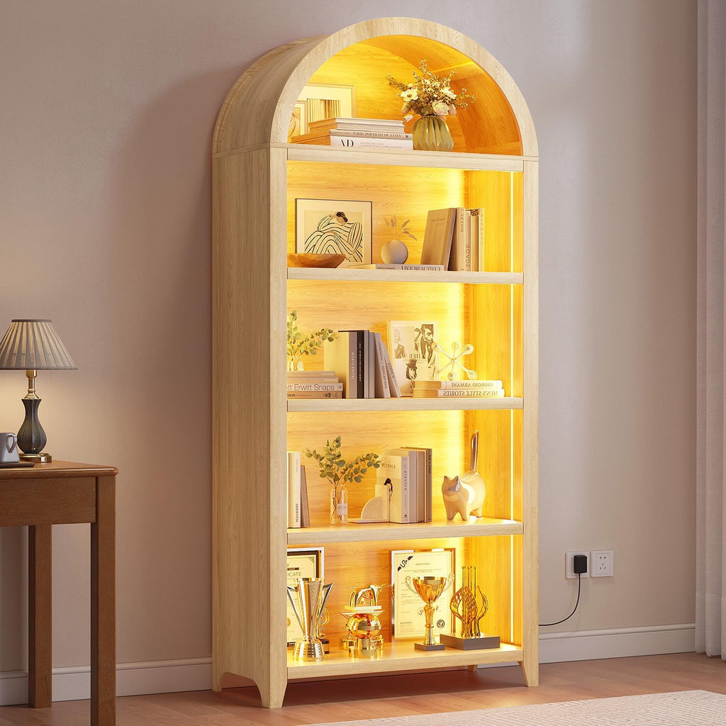 5 Layers Bookcase - Arch Shelf with 3 Colors LED Sensor Lights and Thickened Wooden Design Display Shelf for Lego Books Bathroom Living Room - Ideal Gift (Light Wood)