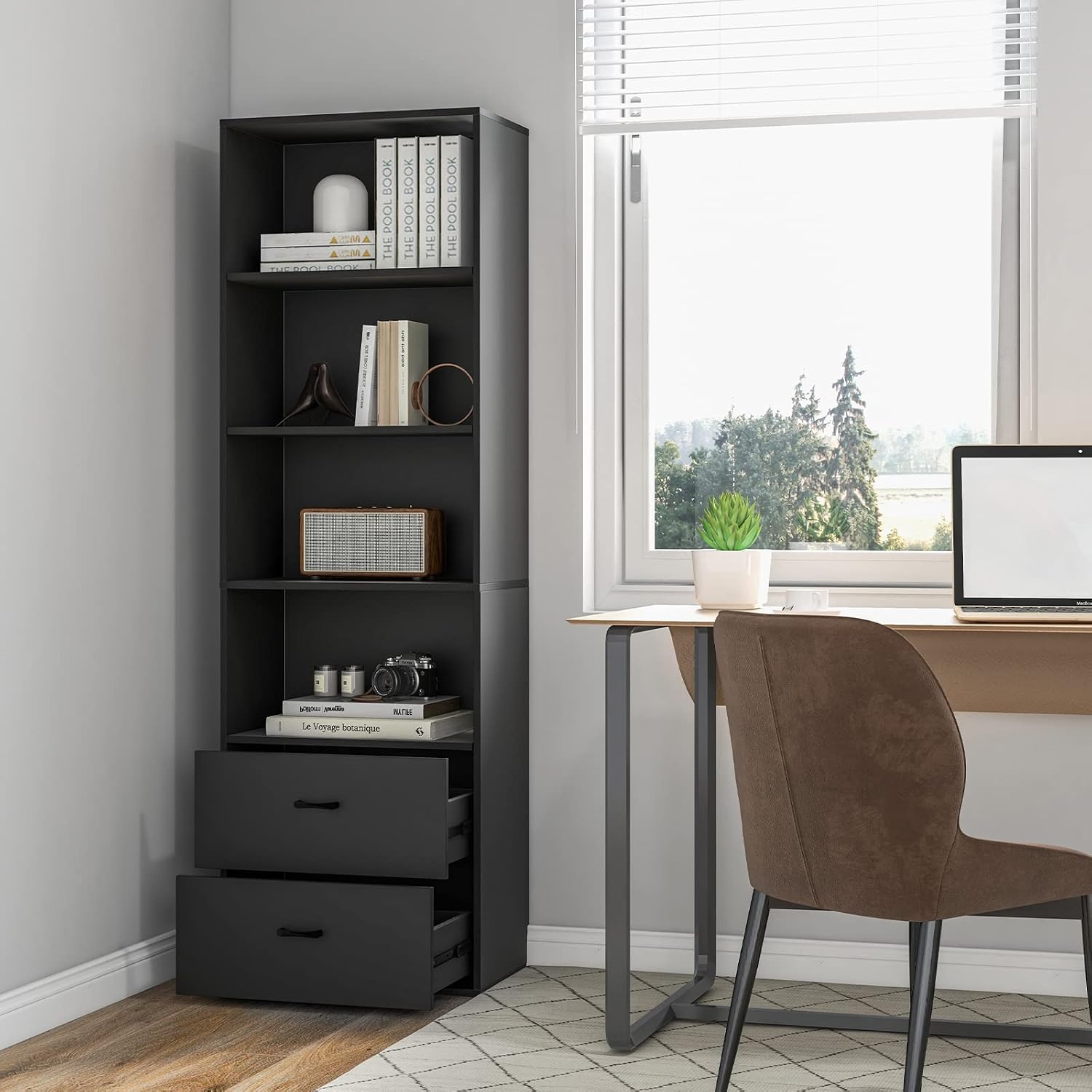 Tangkula 4 Shelf Bookcase with 2 Drawers, 74 Inch 4 Tiers Tall Open Bookshelf with 2 Slide-Out Drawers, Anti-toppling Device, Freestanding Wood Storage Shelf for Home Office (Black, 74' H)
