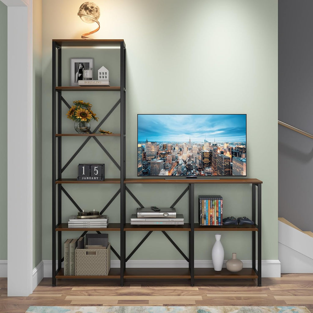 Tribesigns Modern 9 Shelves Bookshelves, Industrial Stepped Ladder Corner Etagere Bookcase, Rustic 6-Tier Display Open Shelf Storage Organizer for Living Room