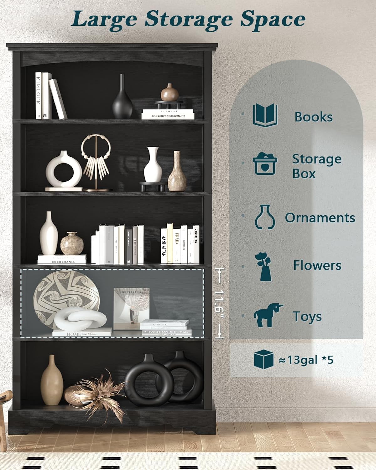 TVU 5-Tier Wooden Bookshelf, 31.5' W x 65' H ×9.9' D Bookshelf with Storage, Floor Standing Modern Style Display Bookcase for Living Room, Office, Study Room, Entryway, Black