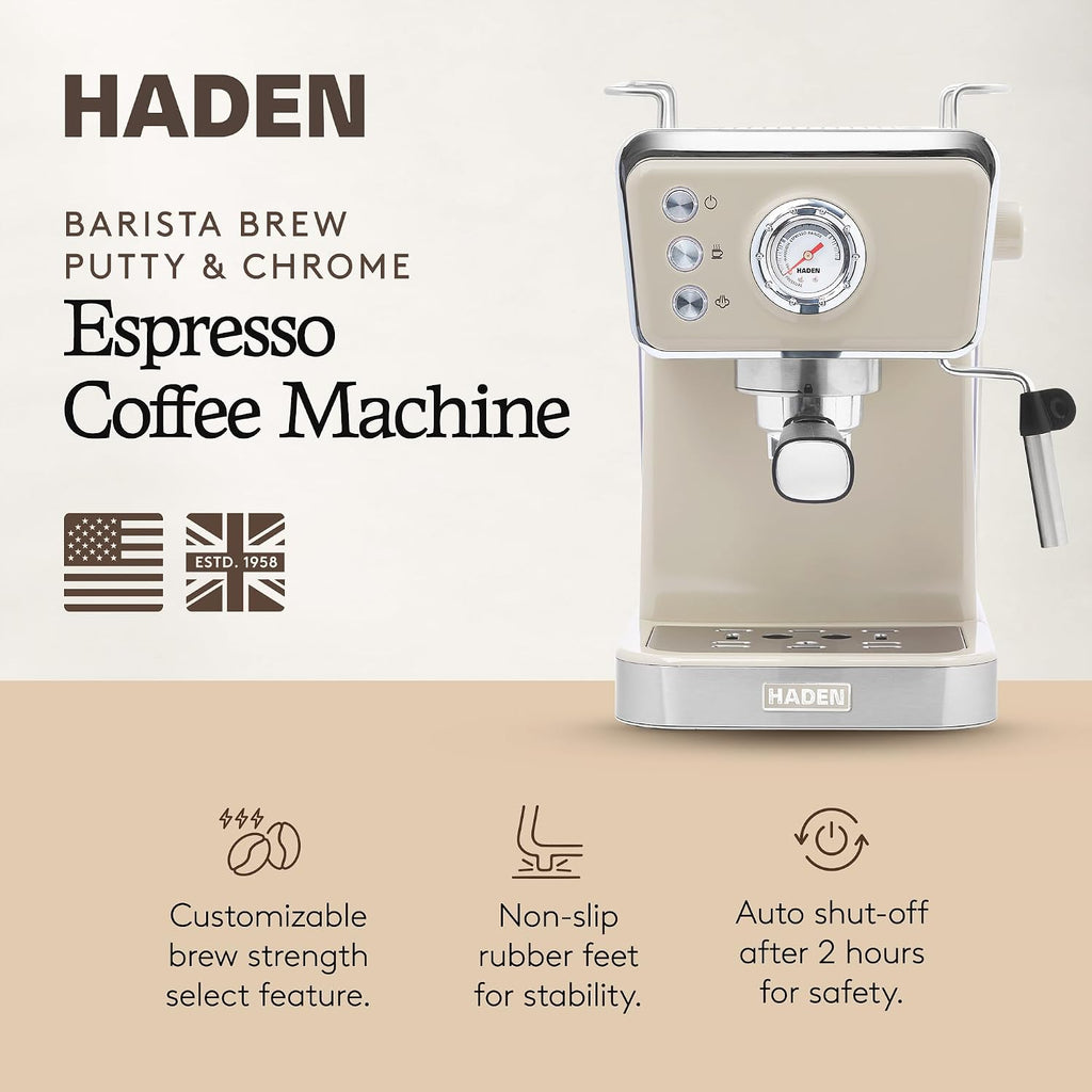 HADEN Barista Brew Espresso Coffee Machine, Stainless Steel Espresso Maker with Milk Frother and Steamer Function and 1.5L Water Tank, Putty & Copper