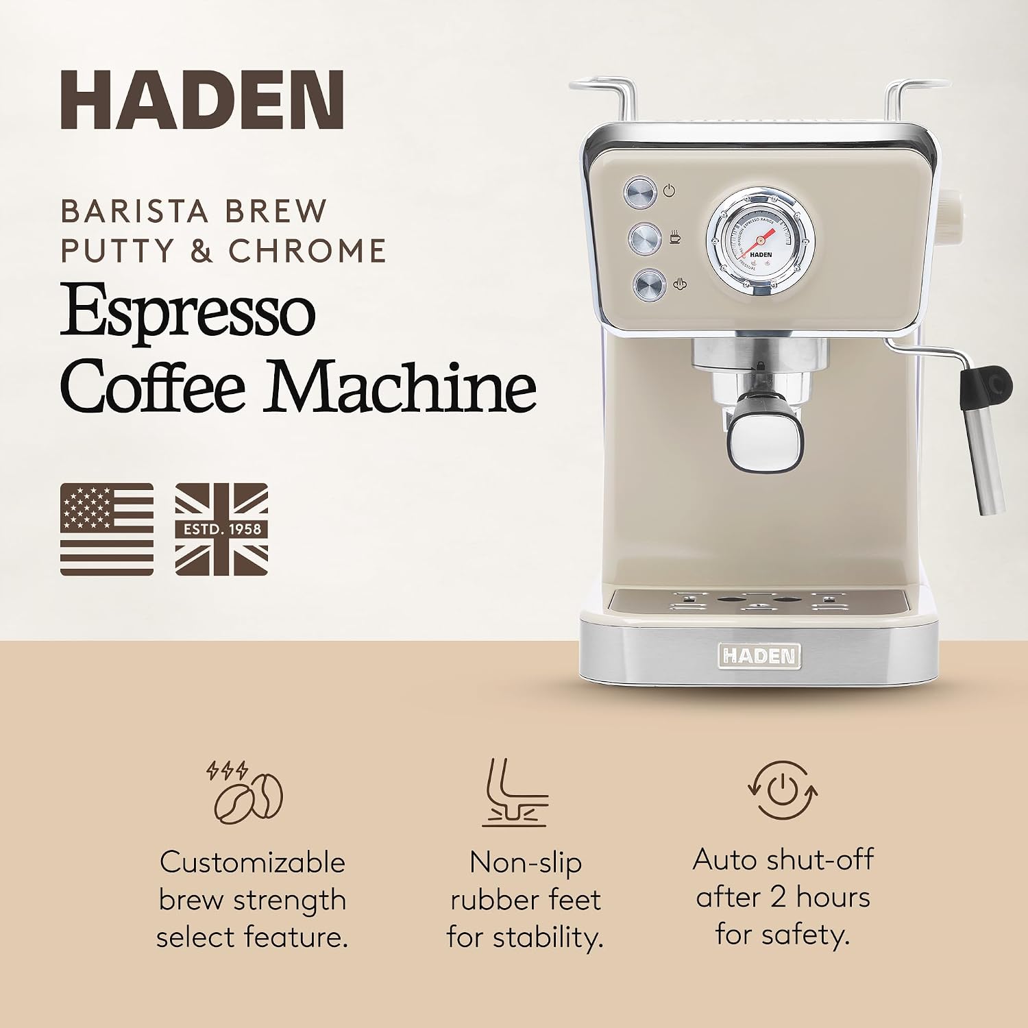 HADEN Barista Brew Espresso Coffee Machine, Stainless Steel Espresso Maker with Milk Frother and Steamer Function and 1.5L Water Tank, Putty & Copper