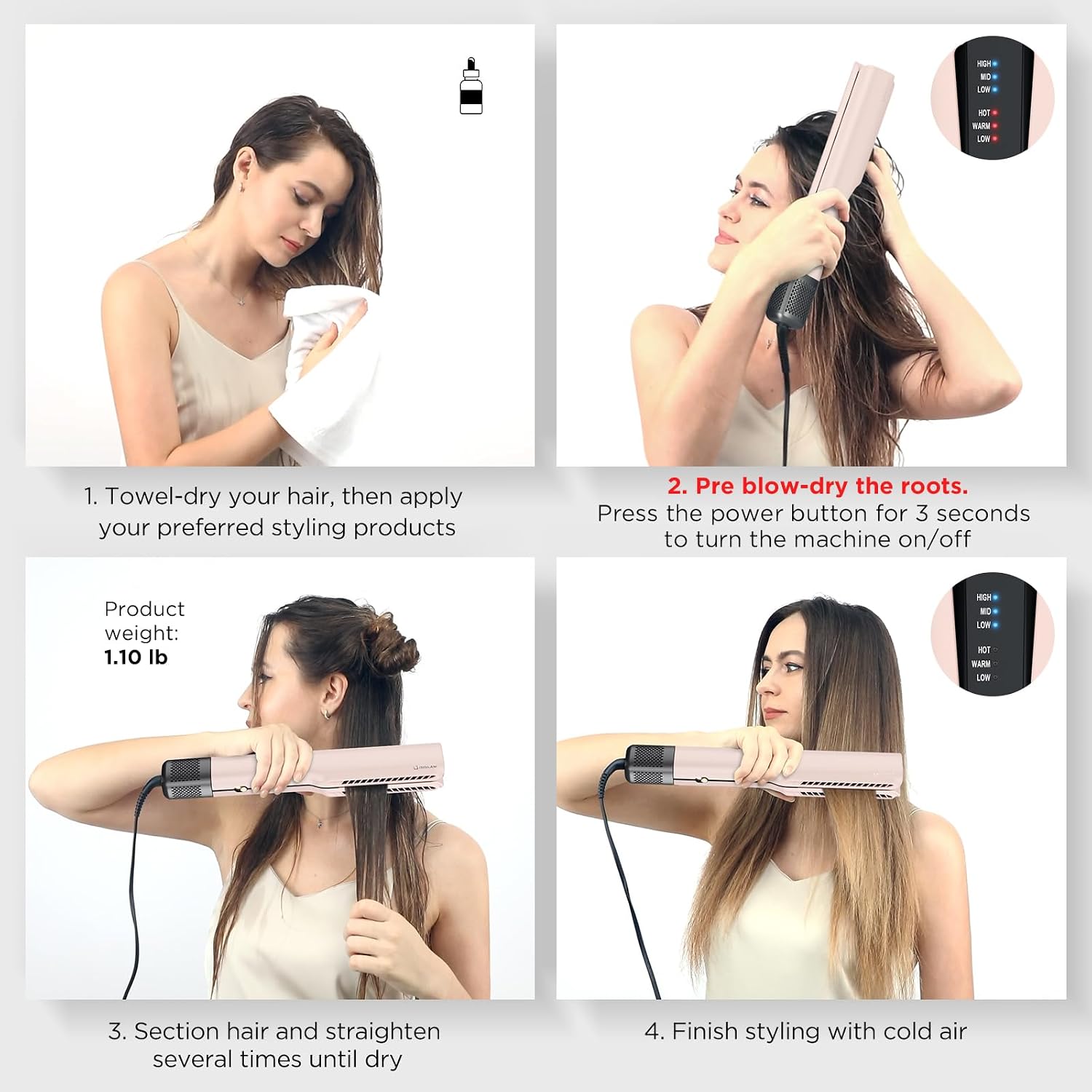 IG INGLAM Air Straight, Style from Wet Hair, 200M Ionic Hair Dryer Straightener for Medium Long Length(14'-30'), Straightener and Dryer 2 in 1, Fast Drying and Straightening in One Step, Pink