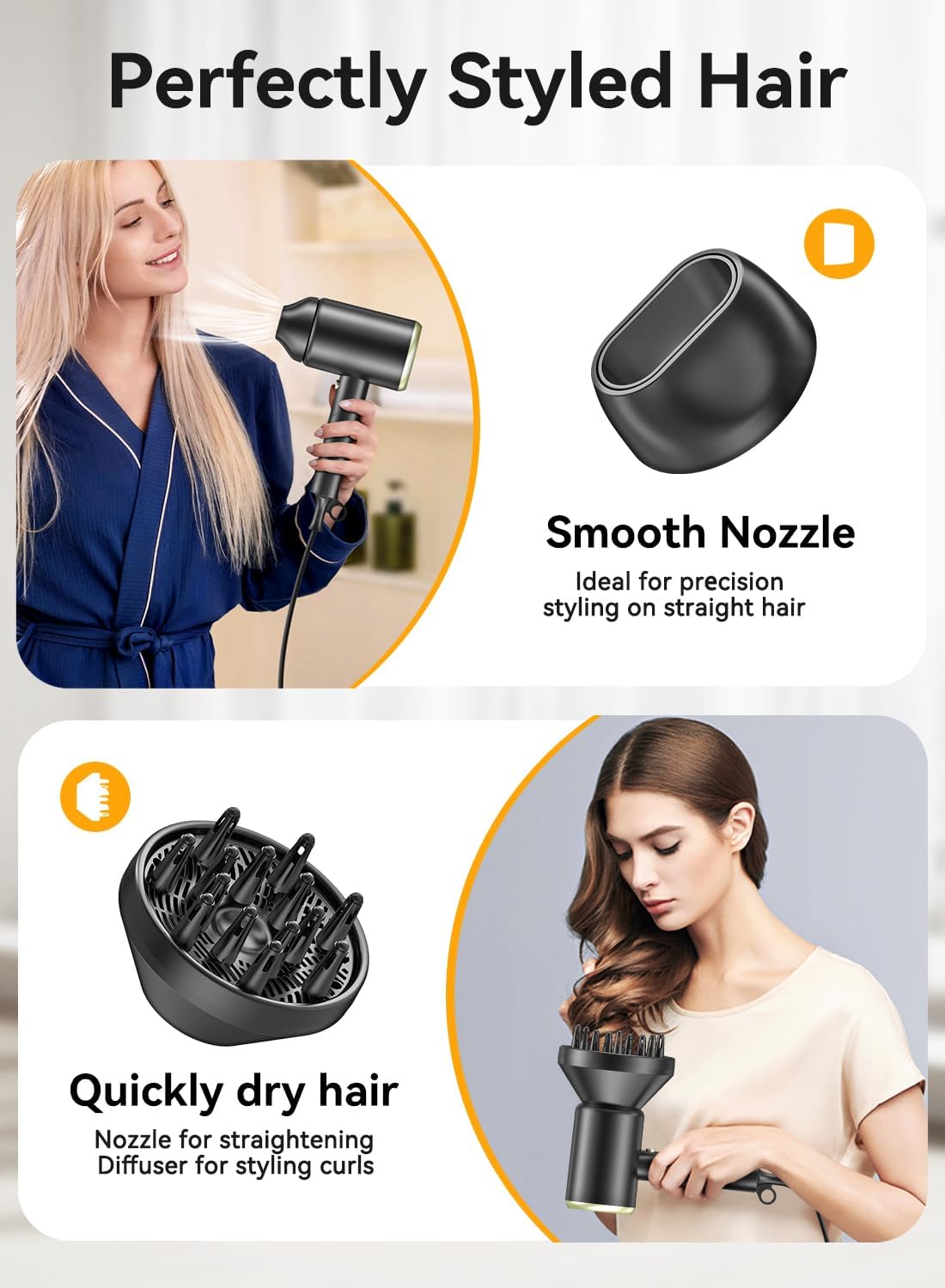 Hair Dryer, Ionic Blow Dryer - Fast Drying, Low Noise, Foldable Portable with Diffuser and Nozzle, Compact Mini for Women and Men - 1 Pack