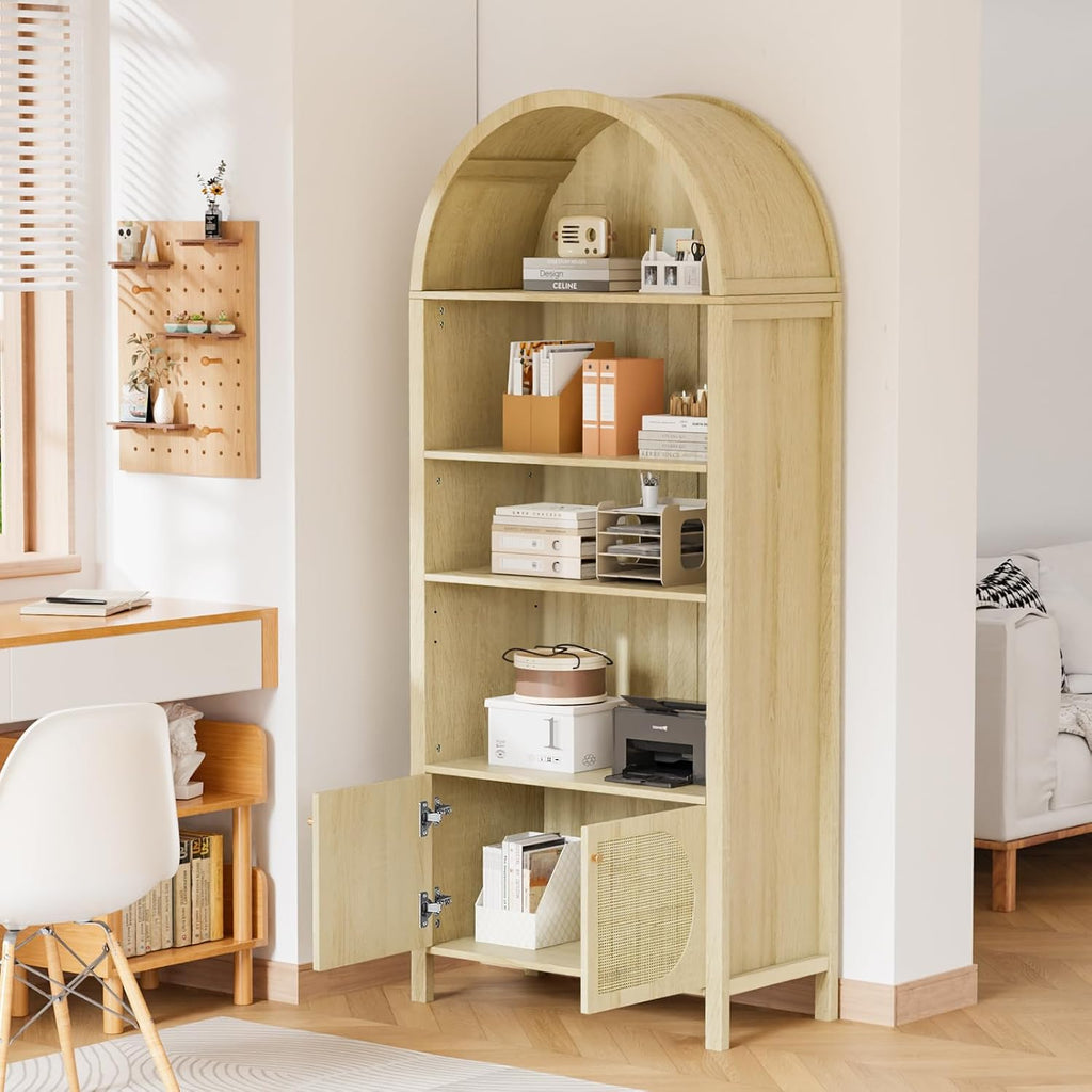 VINGLI Arched Display Cabinet (Oak Wood, 4 Shelves & 2 Doors)