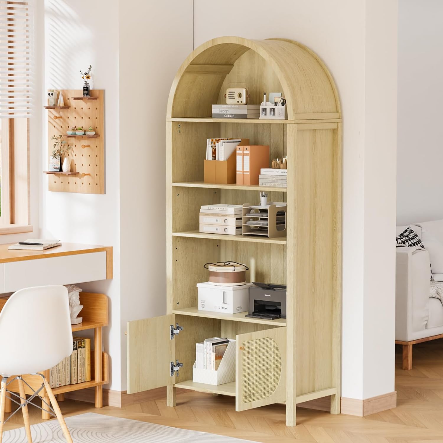 VINGLI Arched Display Cabinet (Oak Wood, 4 Shelves & 2 Doors)