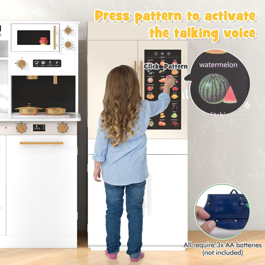 INFANS Play Kitchen for Kids, 2-Piece Fridge Refrigerator Playset Combination with Electronic Interactive Alphabet Wall Chart Coffee Machine Stove Microwave, Toddler Wooden Pretend Cooking Set Gift
