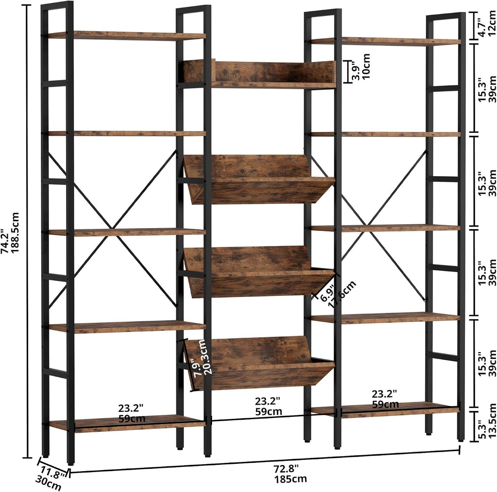 IRONCK Bookshelf, Bookshelves and Bookcases, Triple Wide 5 Tiers Book Shelf with Baffles, Industrial Bookshelf with Metal Frame for Living Room, Home Office