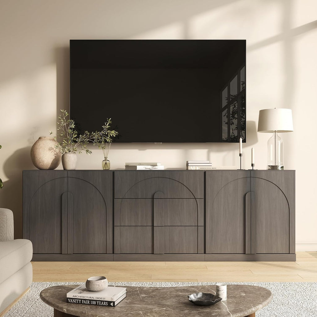 BELLEZE 3-Piece Modular Sideboard Cabinet Set Freely Configurable, Modern Wood Buffet Cabinet Contain 2 Arched Cabinet and 3-Drawer Storage, Credenza Console for Living Room Kitchen, Ebony