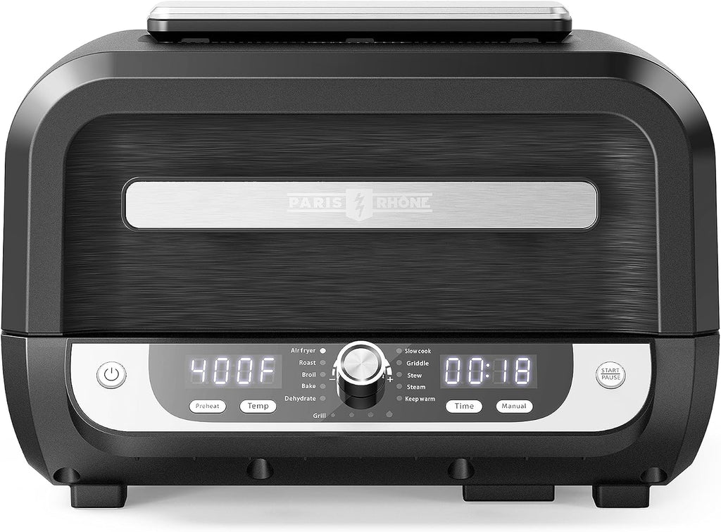Paris Rhône Smokeless Indoor Grill & Air Fryer Combo, 12-in-1, Grill, Griddle, Air Fry, Broil, Bake, Crisp, Roast, Dehydrate, and more, Dual Heating Elements, Smart Thermostat, Easy Knob Control