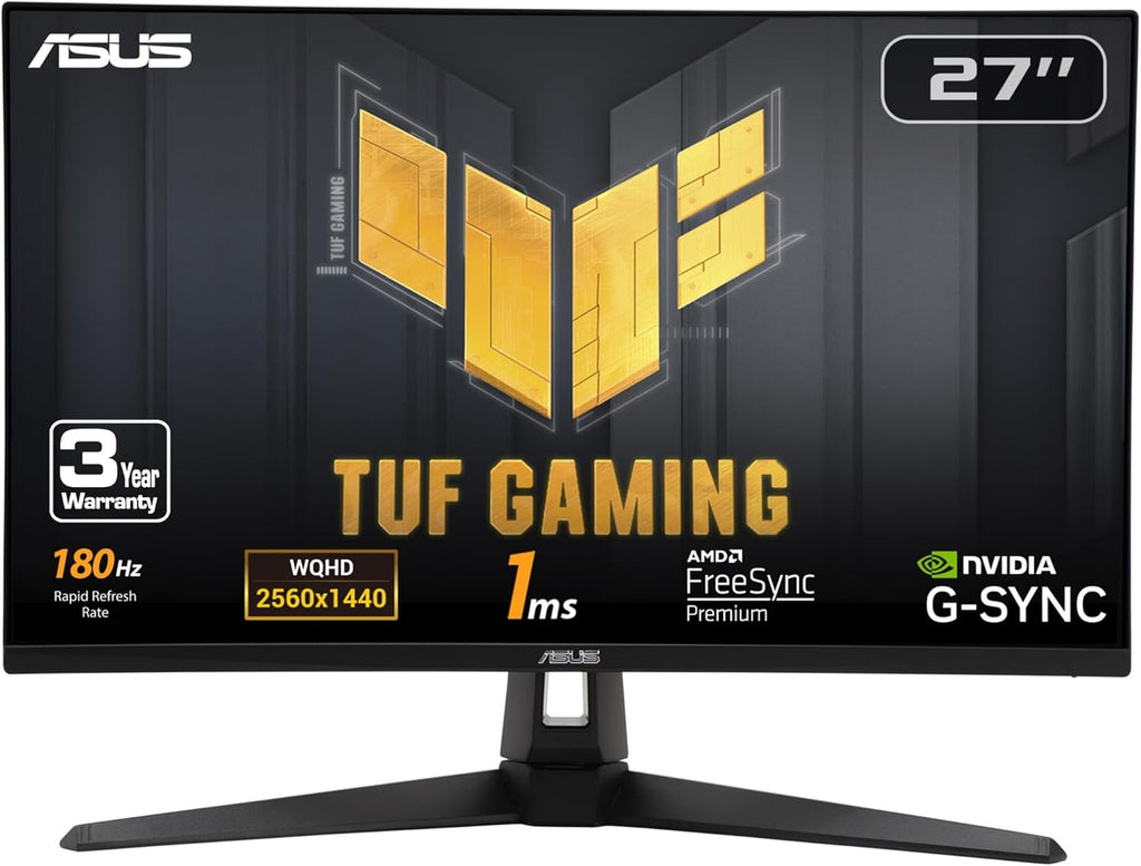 ASUS TUF Gaming 27' 1440P HDR Monitor (VG27AQ3A) – QHD (2560 x 1440), 180Hz, 1ms, Fast IPS, 130% sRGB, Extreme Low Motion Blur Sync, Speakers, Freesync Premium, G-SYNC Compatible, HDMI, DisplayPort