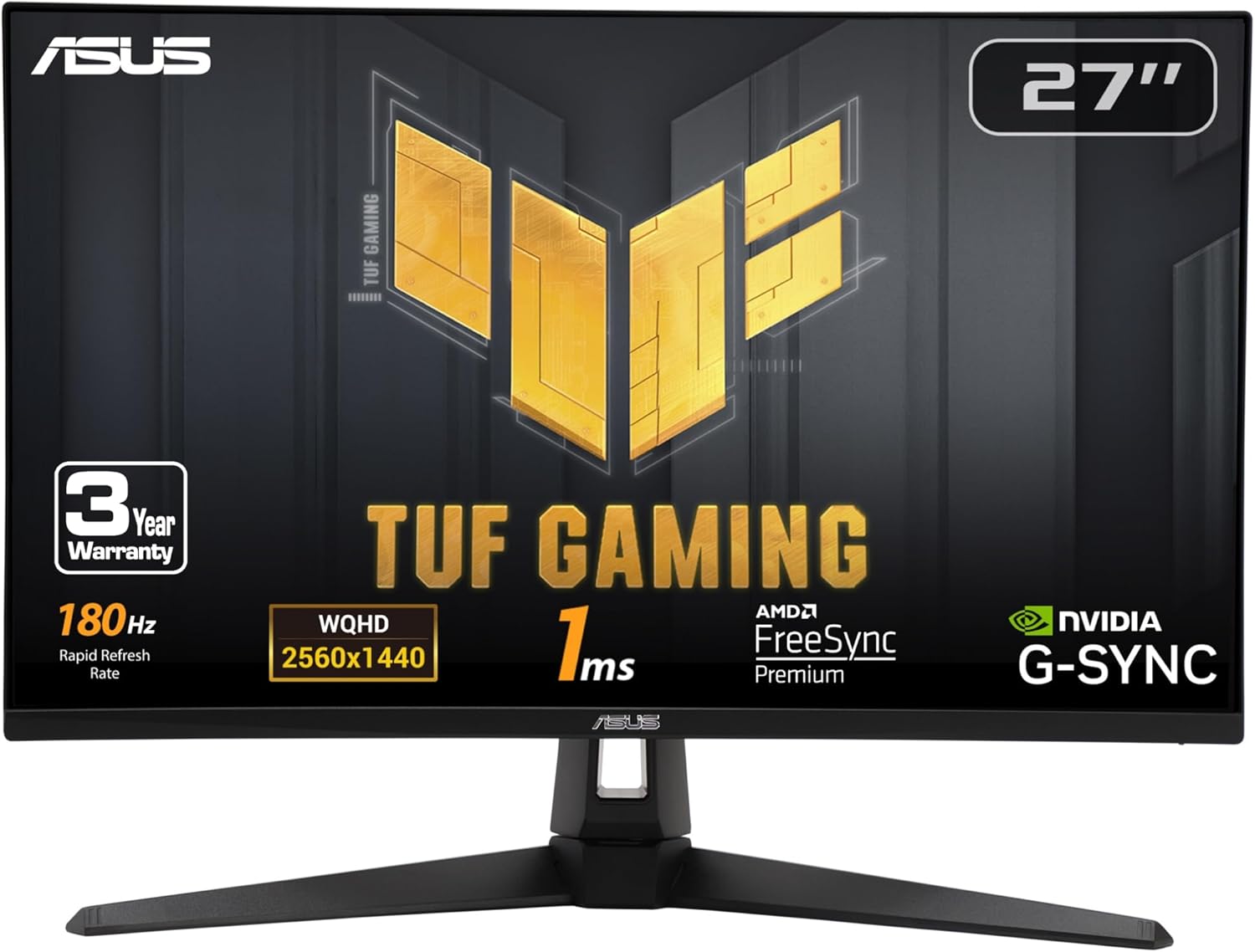 ASUS TUF Gaming 27' 1440P HDR Monitor (VG27AQ3A) – QHD (2560 x 1440), 180Hz, 1ms, Fast IPS, 130% sRGB, Extreme Low Motion Blur Sync, Speakers, Freesync Premium, G-SYNC Compatible, HDMI, DisplayPort