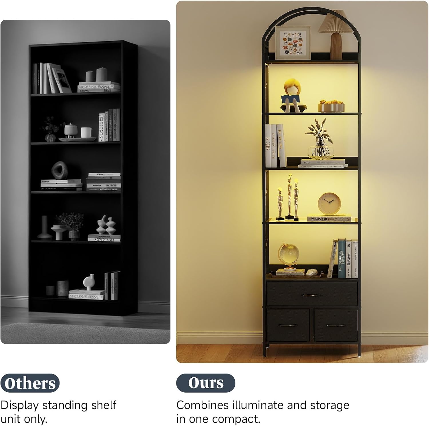 Turosur 83.4' Tall Narrow Bookshelf with 3 Drawers, Arched Bookcase with LED Lignts, 6-Tier Open Bookshelf with Metal Frame, Black