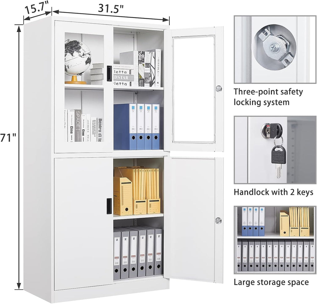 SISESOL Storage Cabinet with Glass Doors and Shelves, Freestanding Kitchen Pantry Cabinet for Home, Office, Bathroom