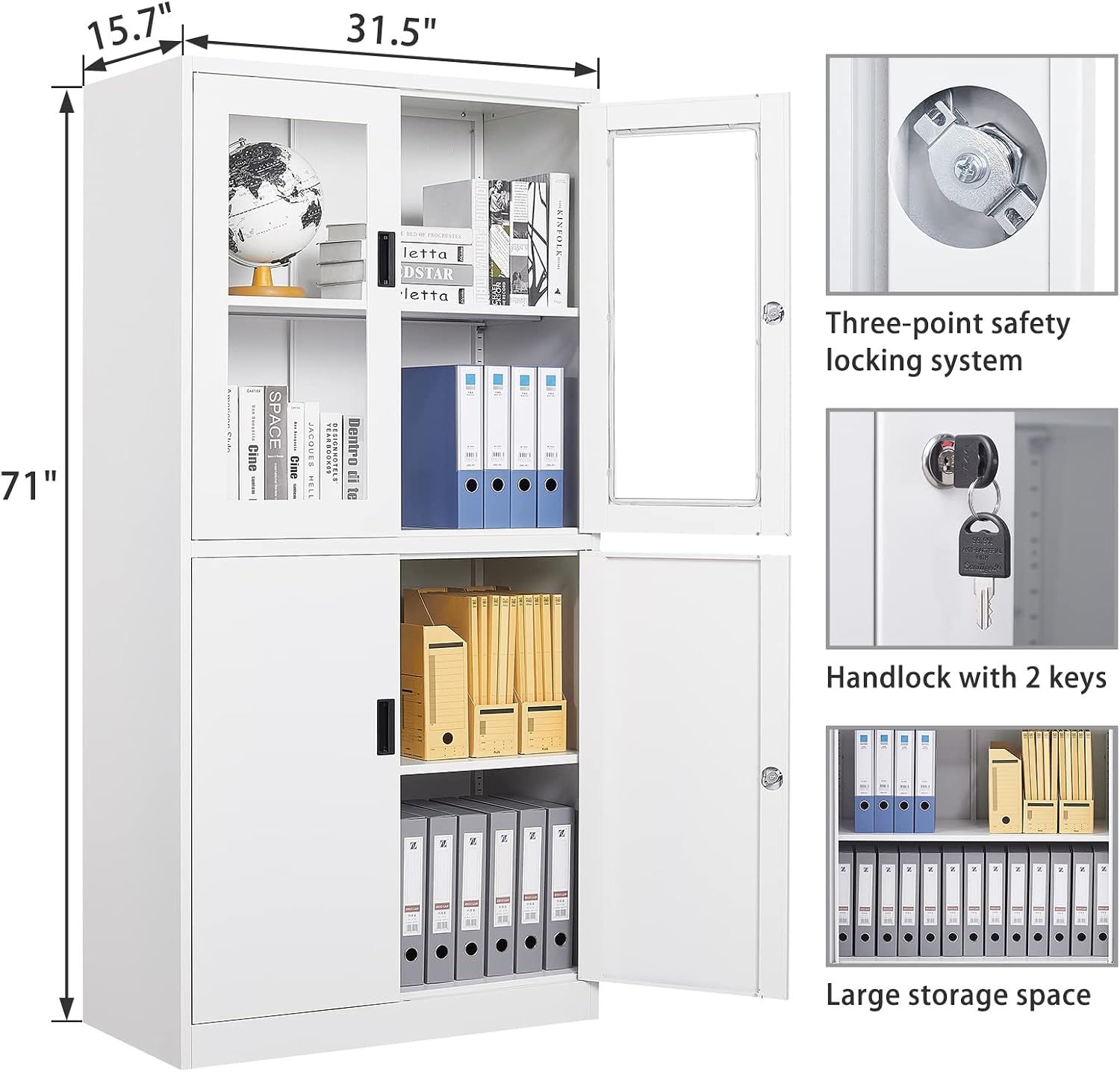 SISESOL Storage Cabinet with Glass Doors and Shelves, Freestanding Kitchen Pantry Cabinet for Home, Office, Bathroom