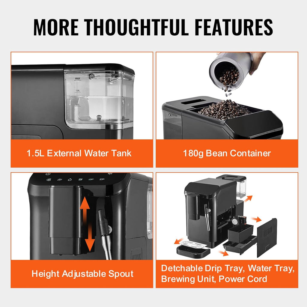 VEVOR Automatic Espresso Machine, 20 Bar Auto Coffee Machine with Frother Steam Wand, Built-In Grinder and 15-Level Grinding Settings, Professional Espresso Coffee Maker with 1.5L Water Tank