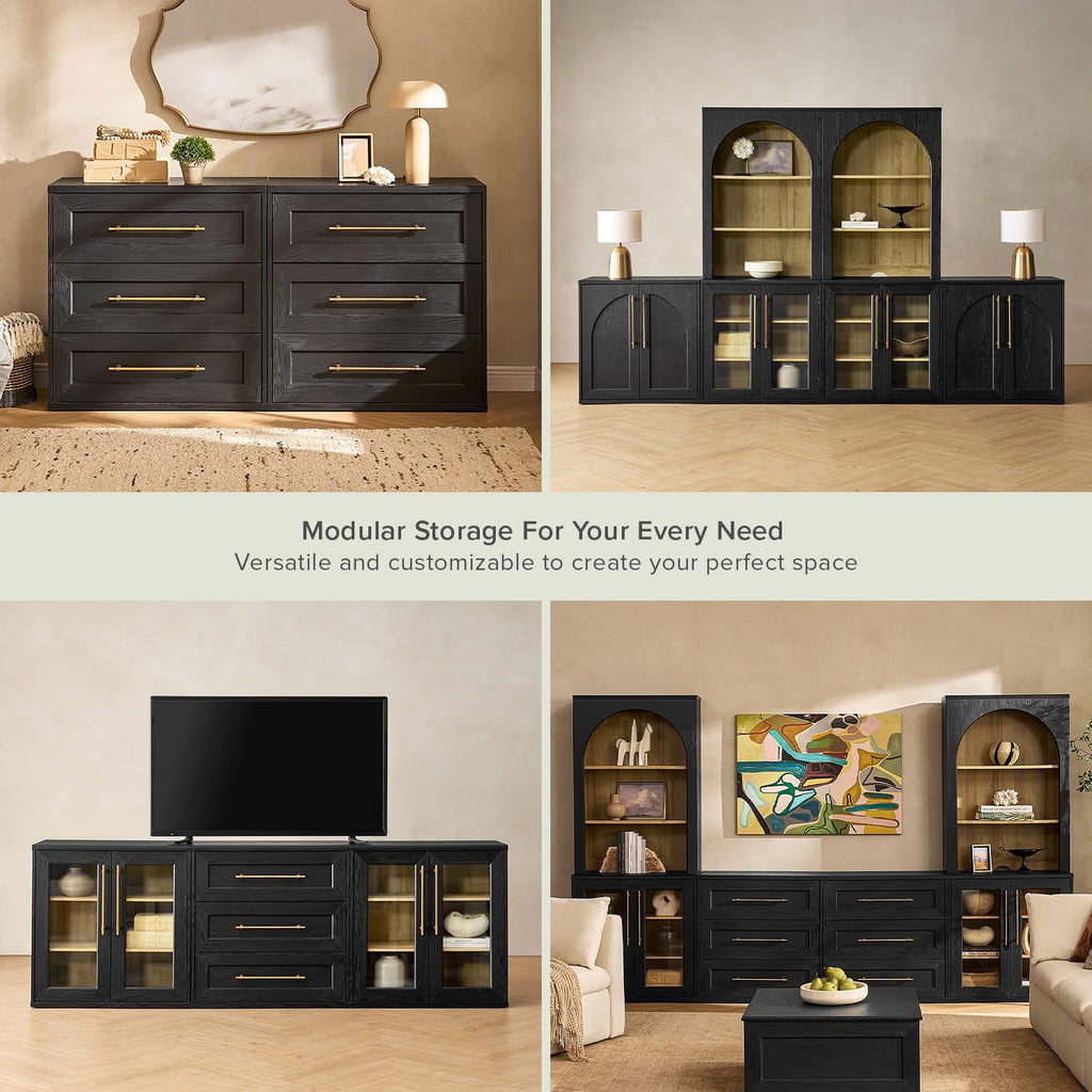 Mopio Blake 4 Piece Entertainment Center with Storage, Modern Farmhouse Wall Unit Dresser TV Stand with Tall Display Cabinets for up to 65' TVs, Trophy Display Case, Media Console Cabinet, Living Room