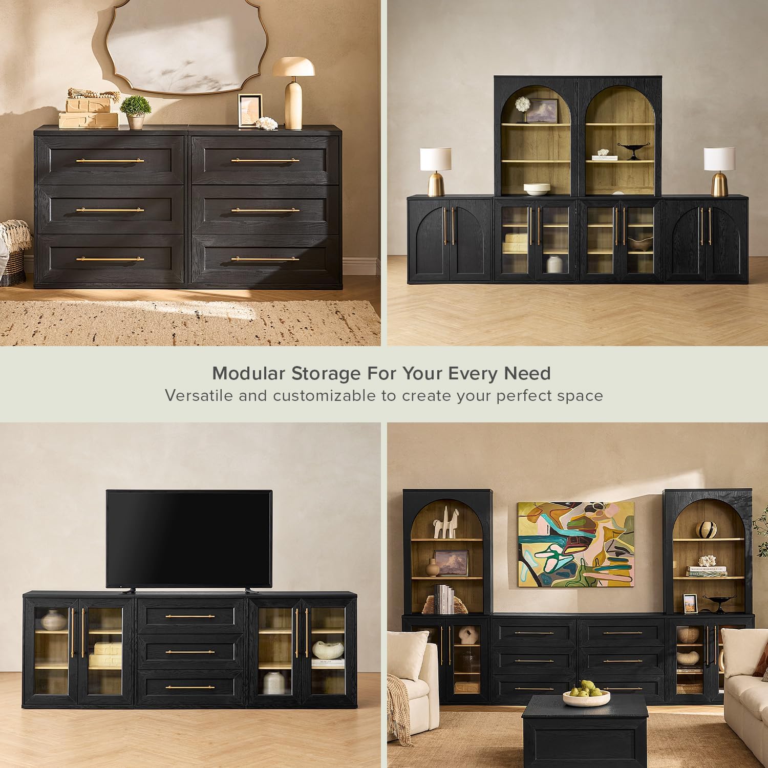 Mopio Blake 4 Piece Entertainment Center with Storage, Modern Farmhouse Wall Unit Dresser TV Stand with Tall Display Cabinets for up to 65' TVs, Trophy Display Case, Media Console Cabinet, Living Room
