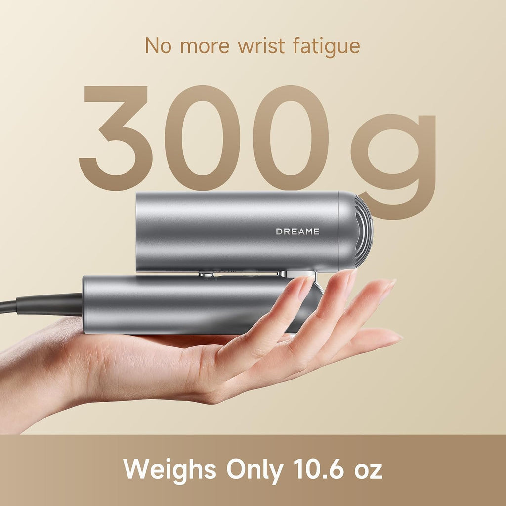 Dreame Pocket Pro Hair Dryer, Dual Voltage Travel Blow Dryer with Diffuser, 1300W Professional HighSpeed Ionic Hair Blower, Fast Drying, Low Noise, Lightweight, No Heat Damage, Global Travel 120V/240V