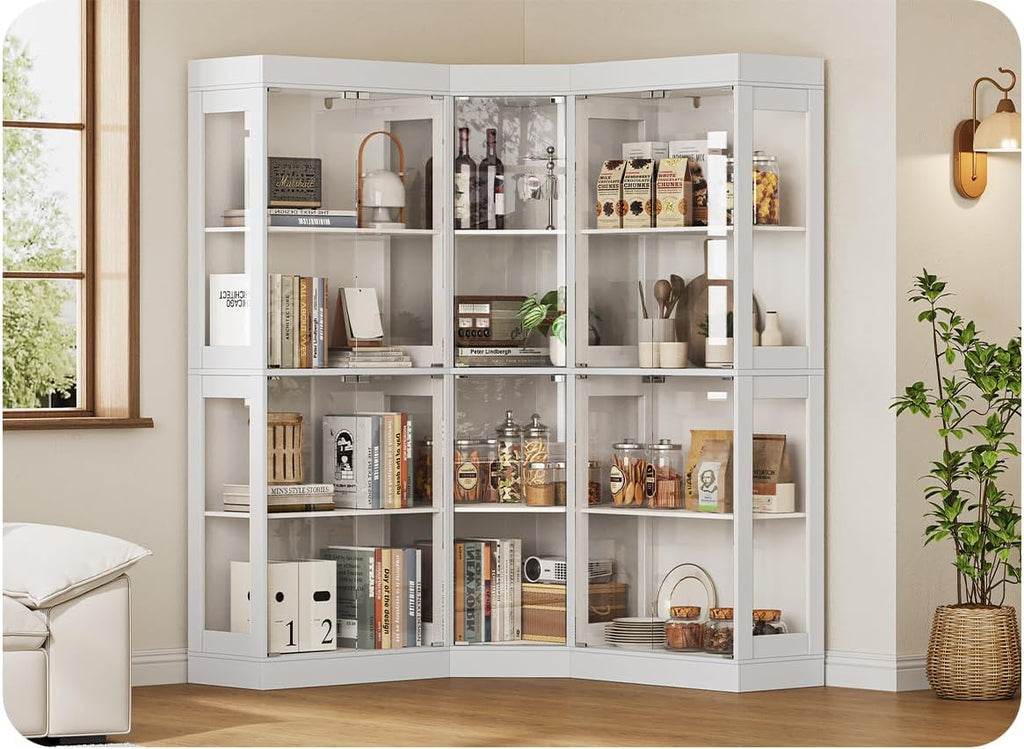 70.1' Large Corner Cabinet with Glass Doors,4 Tiers L-Shaped Storage Cabinet with 8 Shelves & Top Guard Rail，Corner Bookshelf for Living Room, Office, Kitchen，White