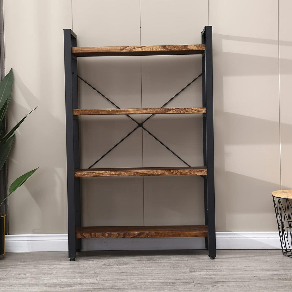 WH-AOERPUMY Solid Wood Bookshelf,4 Tier Rustic Vintage Industrial Etagere Bookcase, Open Metal and Wood Vintage Book Shelf, Retro Brown (RealWood)(4-Tier)