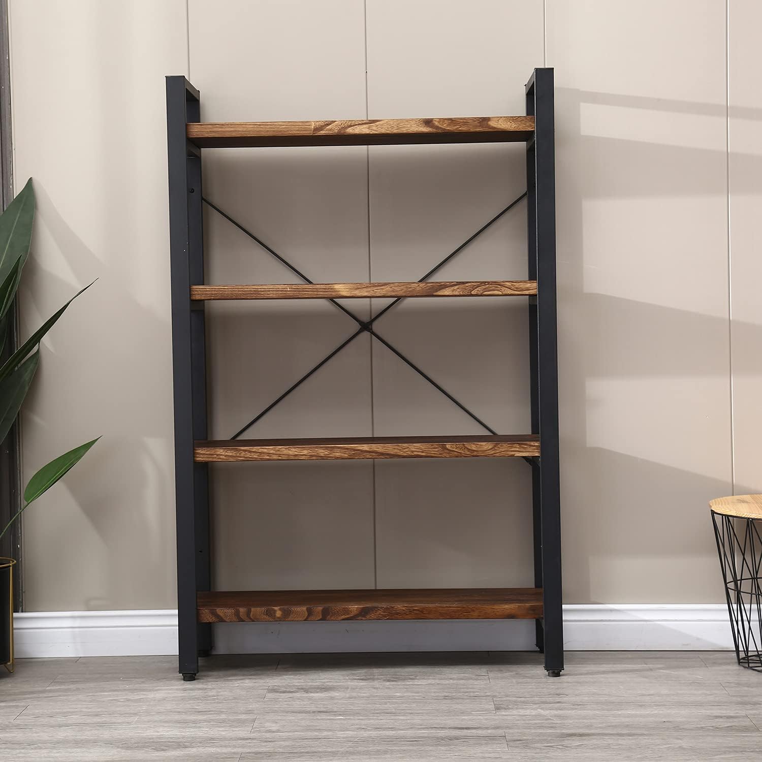 WH-AOERPUMY Solid Wood Bookshelf,4 Tier Rustic Vintage Industrial Etagere Bookcase, Open Metal and Wood Vintage Book Shelf, Retro Brown (RealWood)(4-Tier)