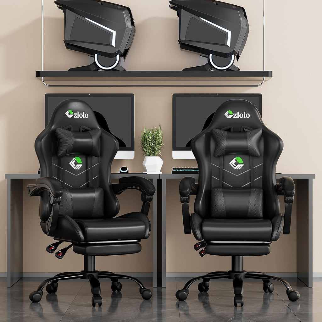 Czlolo Gaming Chair with Footrest Racing Style Lumbar Support Massager Video Game Chair with Metal Legs, High Back Gamer Chair with Headrest, 360° Swivel Office Computer Desk Chair, Black