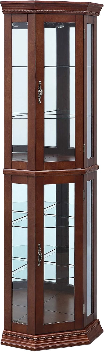 BELLEZE Lighted Wooden Corner Display Curio Cabinet, Two Section Shelving Unit with Tempered Glass Door, Bar and Liquor Storage Area with 6 Shelves - Lorona (Walnut)
