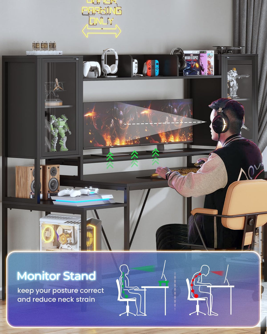 SEDETA Gaming Desk 74.8'' with LED Lights, Hutch and Storage Shelves, Computer Desk with Monitor Stand, Large PC Gamer Desk Workstation, Ergonomic Gaming Table for Bedroom, Living Room, Black