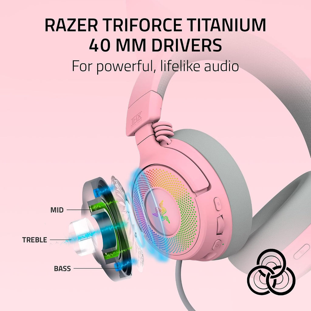 Razer Kraken Kitty V3 Pro Wireless RGB Gaming Headset: Chroma RGB Kitty Ears - 2.4 GHz, Bluetooth 5.3, USB A - Super Wideband Mic - 40mm Drivers - THX Spatial Audio - Comfortable Ear Cushions - Pink