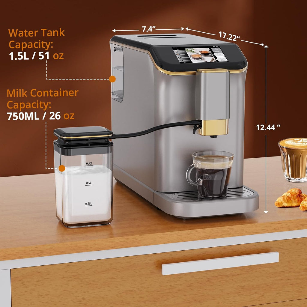 Garvee Fully Automatic Espresso Machine, with Milk Frother, One Touch Recipes, Intuitive Touch Display, 20 Bar Pressur & 15 Grind Settings for Latte, Cappuccino, Espresso, Built-In Grinder