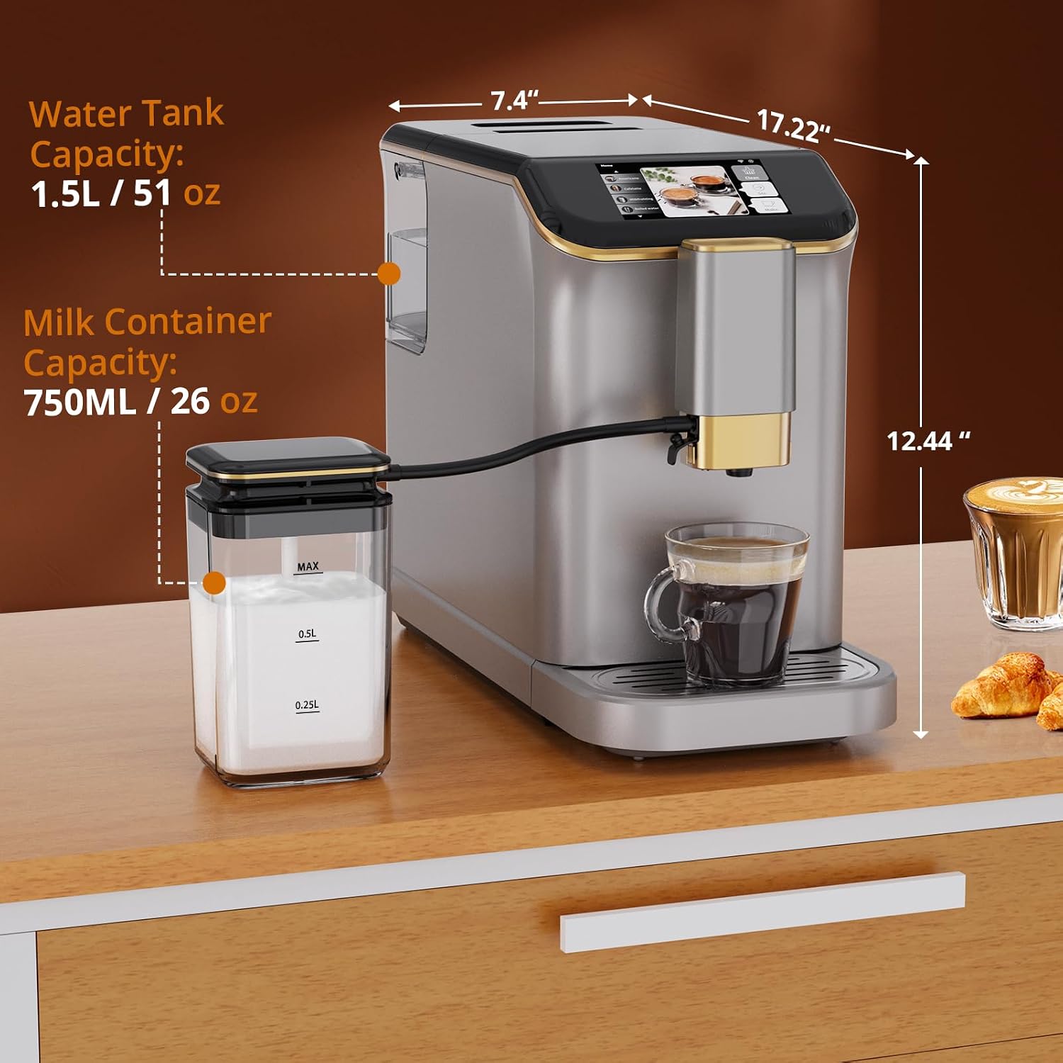 Garvee Fully Automatic Espresso Machine, with Milk Frother, One Touch Recipes, Intuitive Touch Display, 20 Bar Pressur & 15 Grind Settings for Latte, Cappuccino, Espresso, Built-In Grinder
