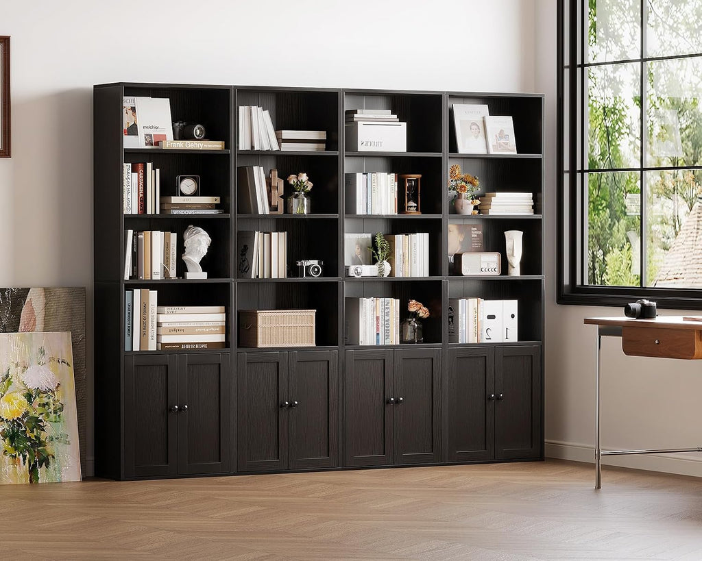 Casaottima Bookshelf and Bookcase with Doors, Floor Standing 6-Tier Shelf Display Storage Shelves, Tall Bookcases for Home Office, Living Room, Black 2 Pack