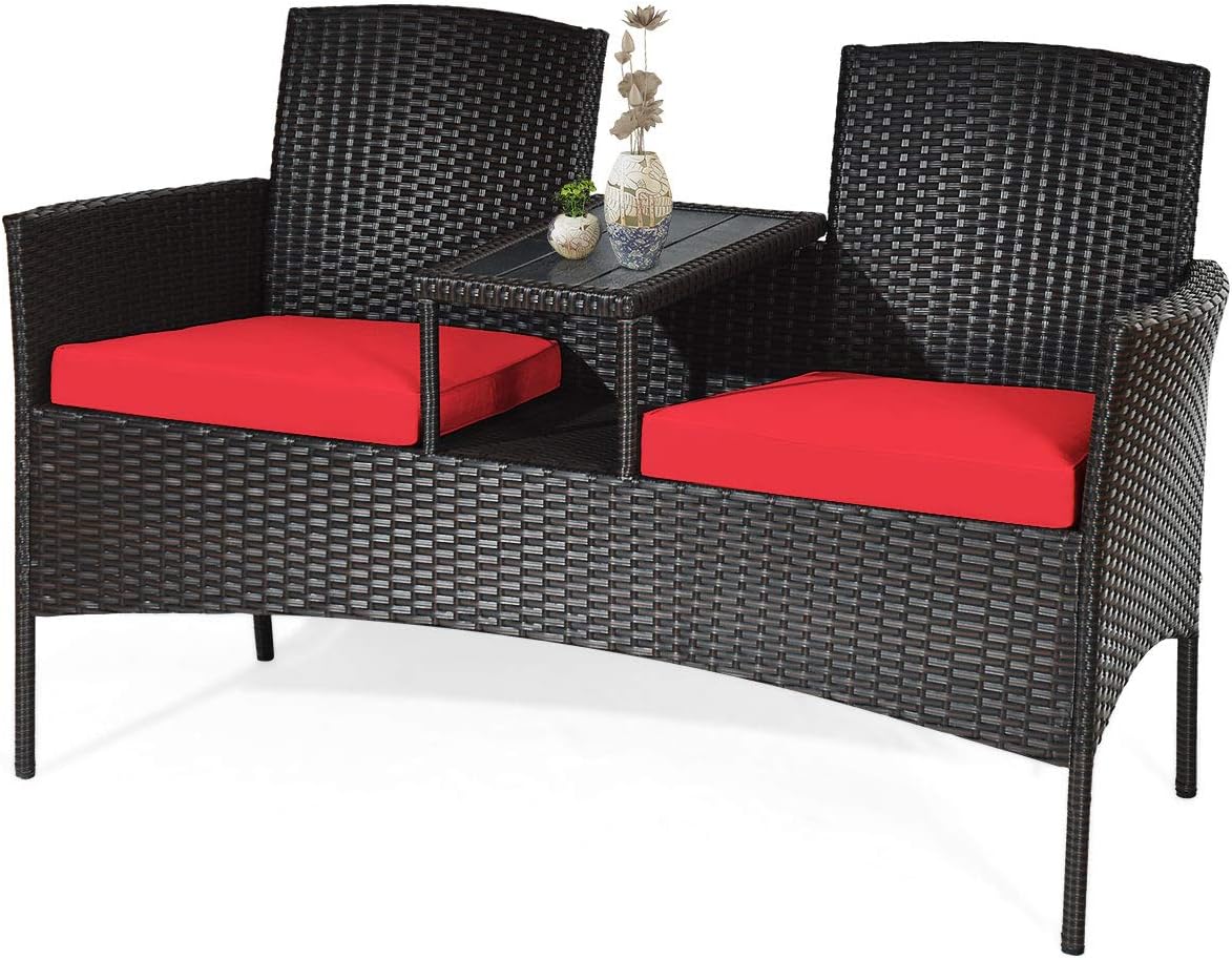 Tangkula Outdoor Rattan Loveseat, Patio Conversation Set with Cushions & Table, Modern Patented Wicker Sofa Set with Built-in Coffee Table, Rattan Sofas for Garden Lawn Backyard