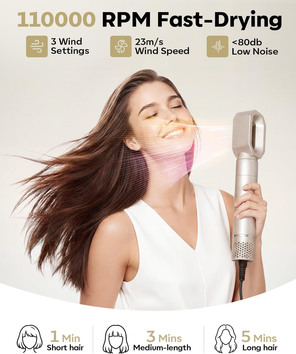 9-in-1 Dual Voltage Hot Air Styler & Hair Dryer Brush (100-240V) with Straightener & Curler Attachments, 110,000 RPM Ionic Fast Drying for Frizz-Free Styling, Gifts for Mom Women
