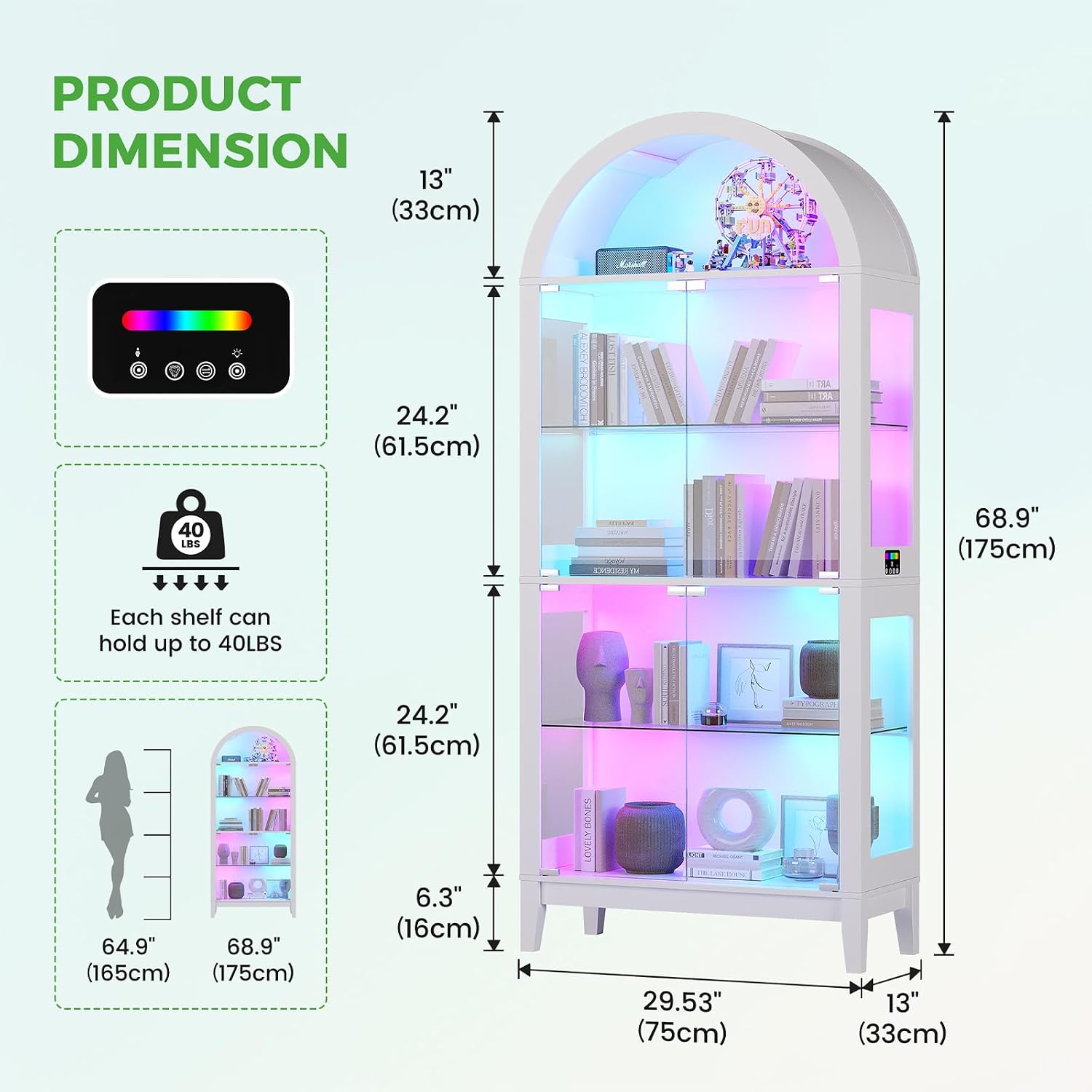 HNEBC Arched Book Shelf with Glass Doors, LED Bookcase with RGB Lights, 5 Tier Cabinet Has 9-Cube Storage, 69' Display Cabinet for Music-Synced Lighting Living Room,Bedroom(White)