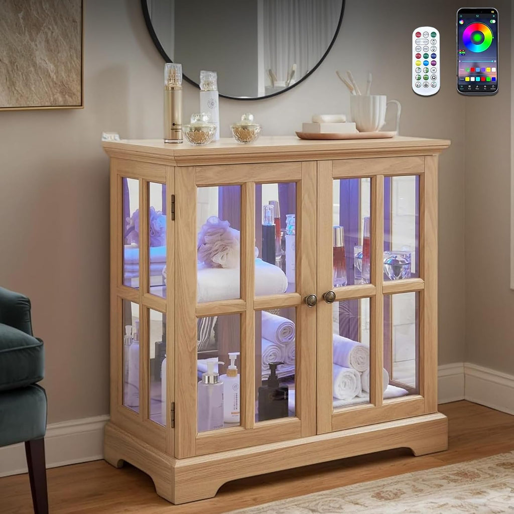 32' H LED Accent Curio Cabinet with 7 Color Lights for Collectibles, Modern Storage Cabinet with Tempered Glass Doors, Sideboard Buffet Case with Smartphone-Controlled Lights (Oak)