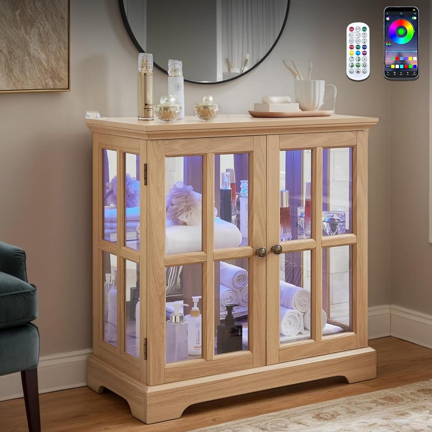 32' H LED Accent Curio Cabinet with 7 Color Lights for Collectibles, Modern Storage Cabinet with Tempered Glass Doors, Sideboard Buffet Case with Smartphone-Controlled Lights (Oak)
