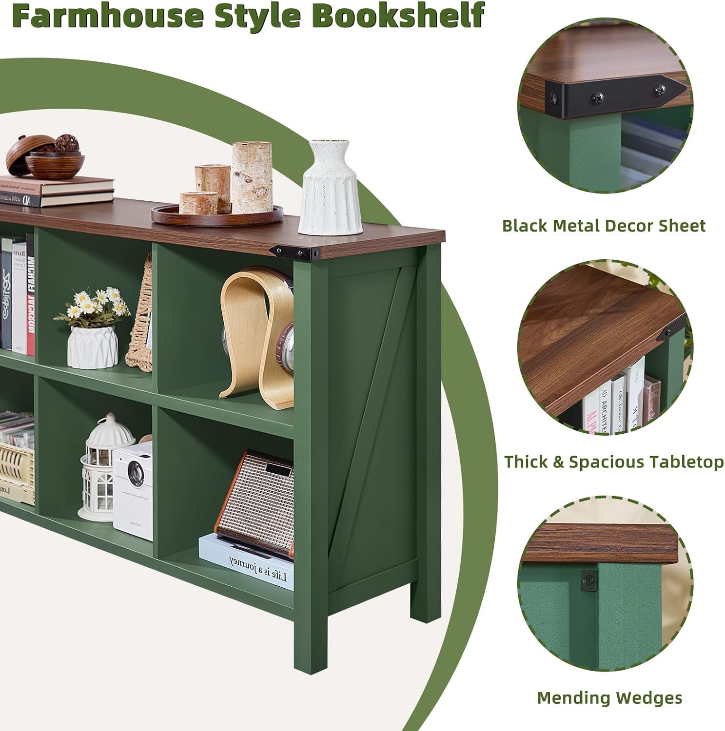 Joaxswe 6 Cube Storage Organizer, Farmhouse Green 47 Inch Wide Horizontal Bookshelf, Wooden 2 Tier Display Book Shelf, Rustic Low Book Case for Living Room (Green, 6 Cube (13.6'D x 47.24'W x 29.7'H))