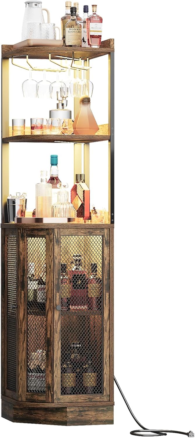 EOYUTLLY Corner Bar Cabinet with Power Outlet and LED Strip, 65' H 5-Tier Corner Liquor Wine Display Cabinet for Home, Storage Solution for Living Room, Kitchen, Home Bar, Brown