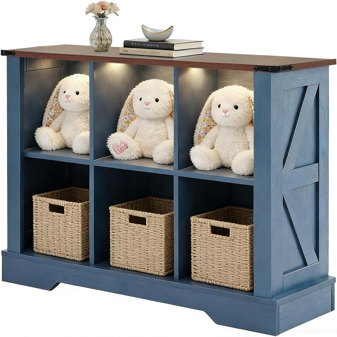 6 Cube Storage Organizer with LED Lights, Wooden Cube Bookcase with Back Panel, Blue Cube Shelf Freestanding Bookshelf, Hallway TV Stand for Living Room, Bedroom, Office