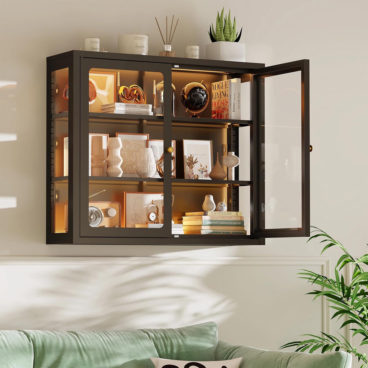 Bathroom Wall Cabinet with 13-Color Light, Wall Mounted 3-Sided Glass Display Cabinet with Adjustable Shelves, Floating Metal Medicine Storage Cabinet for Kitchen Living Room, Black